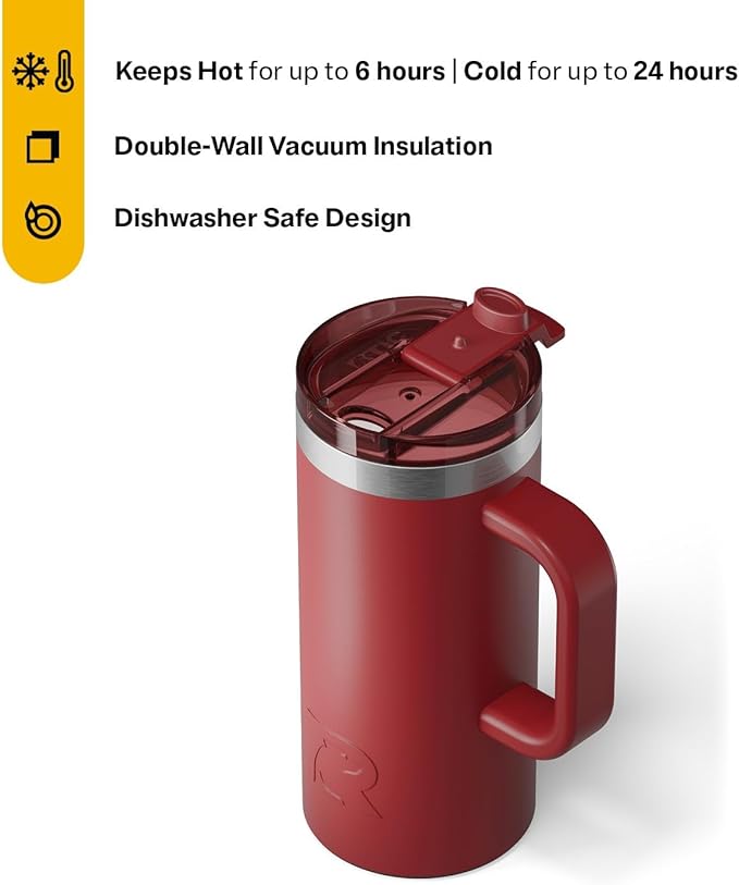 RTIC 16oz Road Trip Travel Mug with Lid and Handle, Insulated, Stainless Steel, Metal, Double Wall Vacuum-Insulation, Ceramic Lined, Portable Coffee, Tea Cup for Hot and Cold Drink, Black Cherry