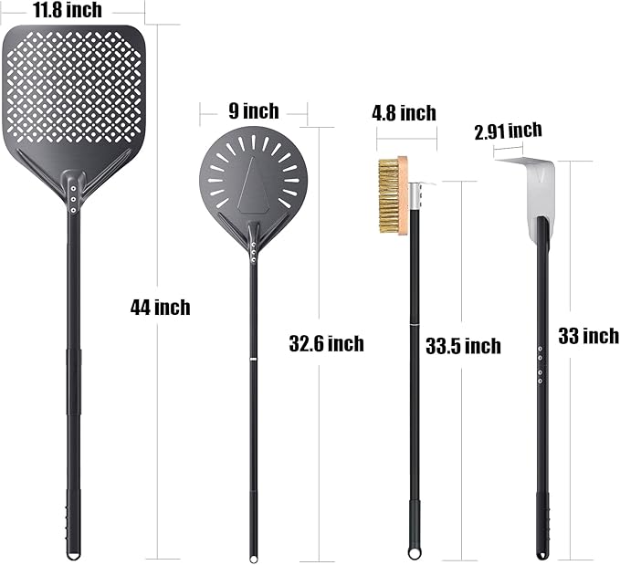 4 Piece Pizza Oven Kit, 9 Inch Turning Peel, 12 Inch Perforated Pizza Peel, Oven Brush and Ash Rake, Wood Burning Commercial Oven Accessoires for Home, Restaurant