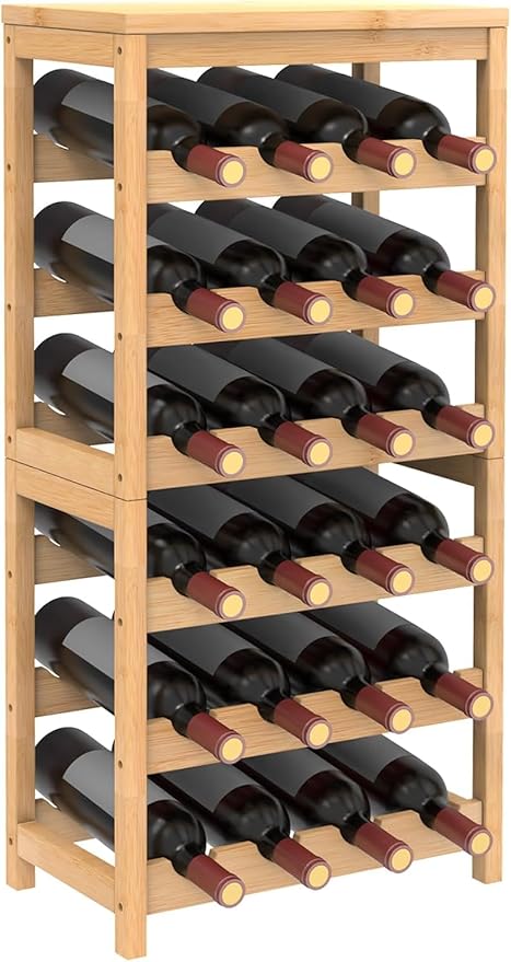 24-Bottle Bamboo Wine Rack Freestanding Floor, 6 Tier Wine Display Rack with Table Top, Wine Storage Shelf for Kitchen Dining Room Bar