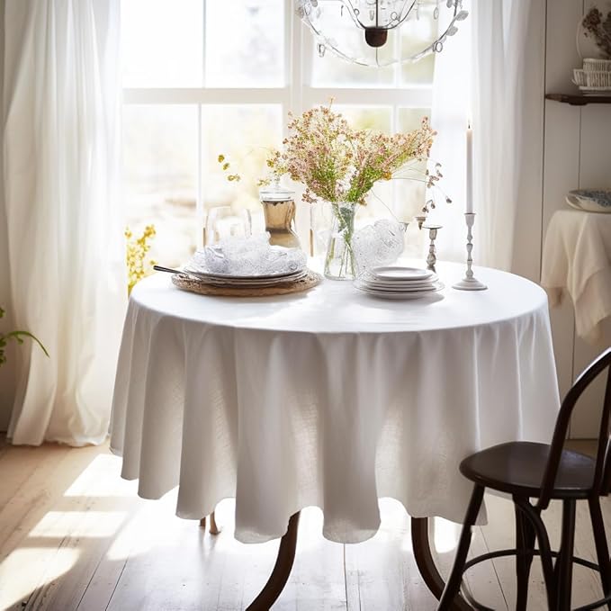 EVERLY 100% Pure Linen Round Tablecloths 120Inch Round Machine Washable Tablecloth for Thanksgiving,Decorative Halloween,Buffet Parties,Picnic,Events,Weddings and Restaurants-White