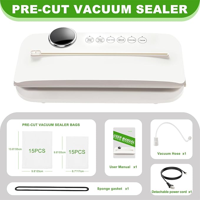 Vacuum Sealer - 90kPa Suction, 180W Motor, 30-Cycle Continuous Use, One-Touch Automatic - Dry/Wet Modes, Air-Tight Seal with Container Tube for Kitchen Use, Food Storage.