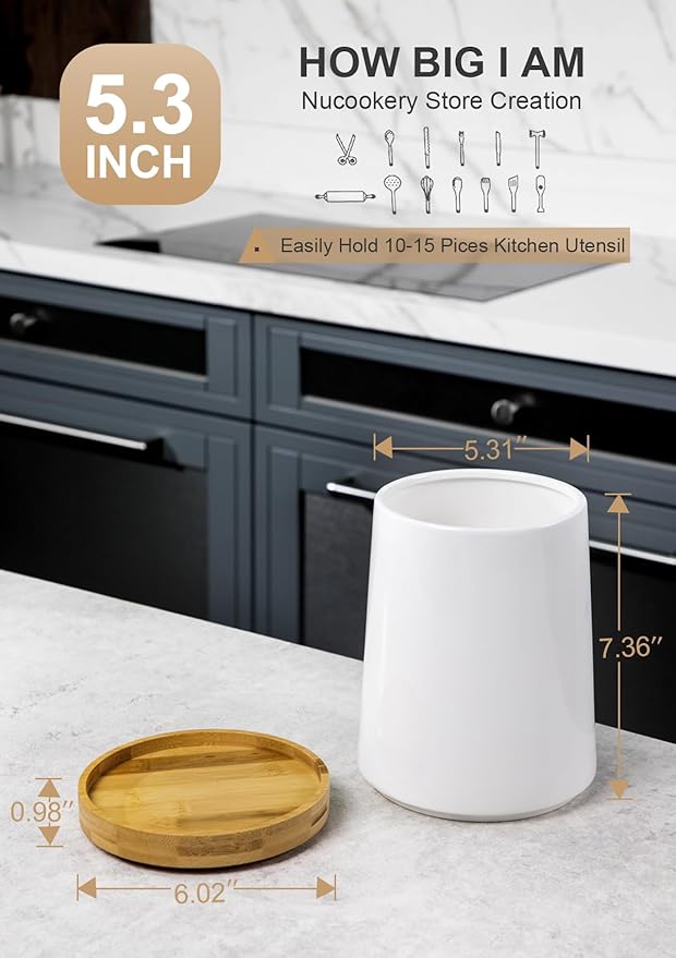 Nucookery 360° Rotating Utensil Holder, 8.2" Extra Large Ceramic Kitchen Utensil Holder for Countertop, Top Gathering Cooking Kitchen Decor for Counter (White)