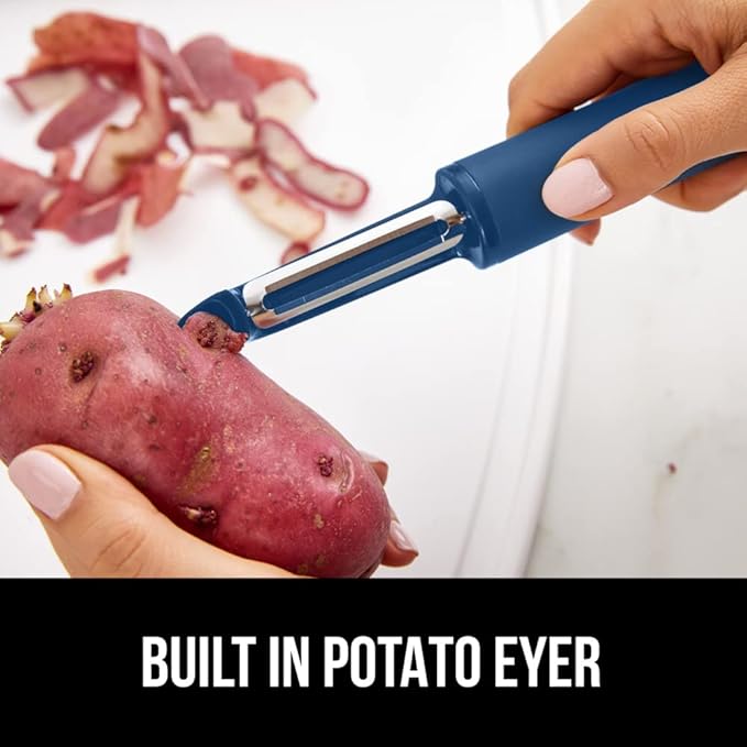 GORILLA GRIP Patented BPA-Free Sharp Stainless Steel Dual Swivel Vegetable Peeler, Soft Comfortable Handle, Smoothly Peel Apples, Potatoes, Carrots, Includes Blade Cover, Kitchen Tool Peelers, Blue