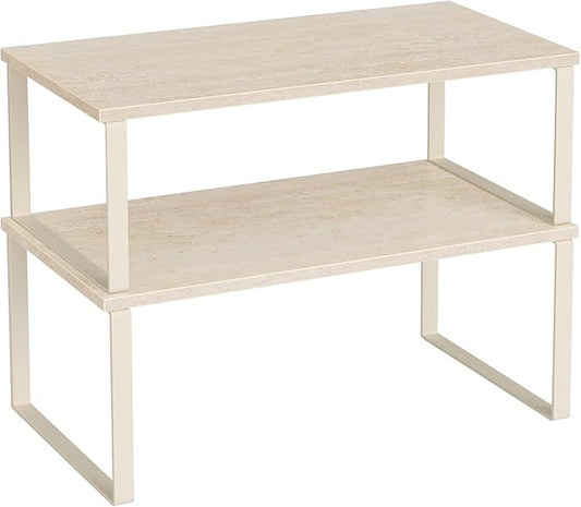 SONGMICS Cabinet Organizer Shelf, Set of 2 Kitchen Counter Shelves, Kitchen Storage, Spice Rack, Stackable, Expandable, Metal and Engineered Wood, Travertine Beige and Cream White UKCS025L01