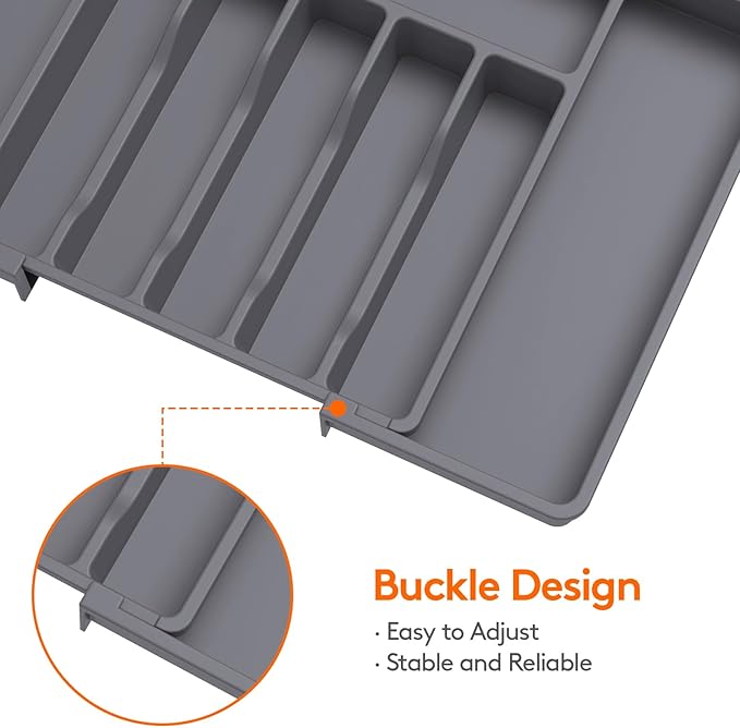 Lifewit Silverware Drawer Organizer, Expandable Utensil Tray for Kitchen, BPA Free Flatware and Cutlery Holder, Adjustable Plastic Storage for Spoons Forks Knives, Large, Dark Gray