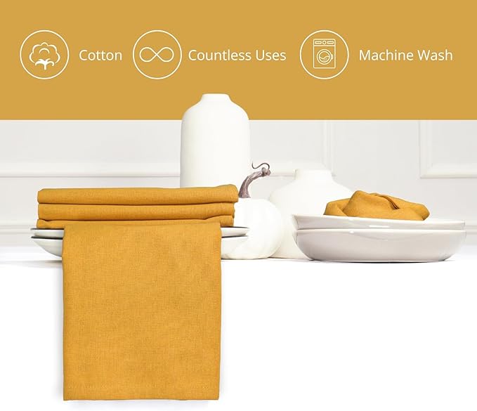 PurpleEssences Set of 12 Cloth Dinner Napkins 100% Cotton 18x18 Inch - Soft Durable Washable - Ideal for Farmhouse Party Christmas Holiday Winter - Perfect Everyday Use Table Linen - Golden Yellow