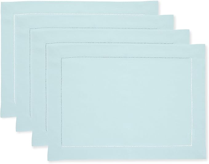 Solino Home Linen Cloth Placemats Set of 4-100% Pure Linen Hemstitch Aqua Blue Placemats 14 x 19 Inch - Classic Hemstitch Table Place Mats