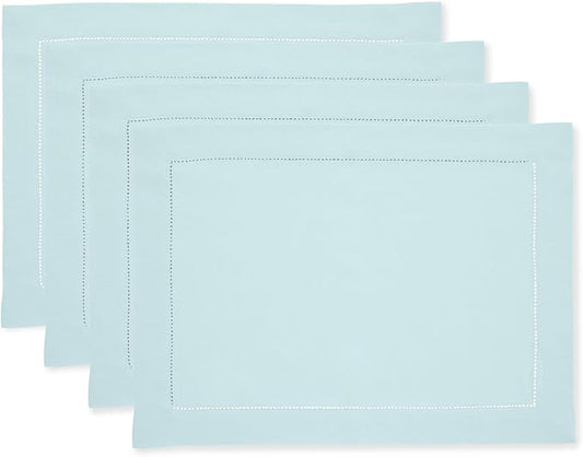 Solino Home Linen Cloth Placemats Set of 4-100% Pure Linen Hemstitch Aqua Blue Placemats 14 x 19 Inch - Classic Hemstitch Table Place Mats