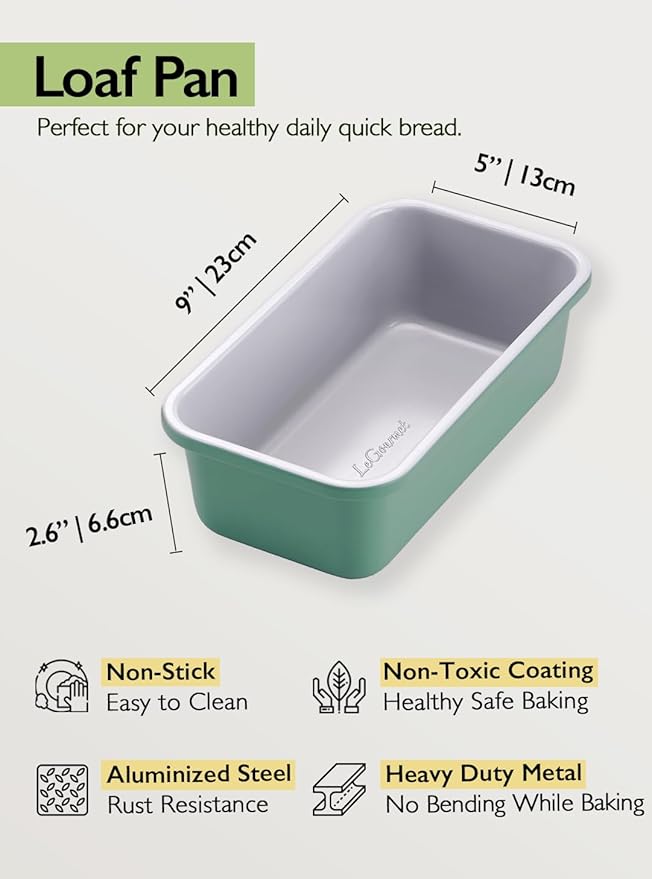 LeGourmet Nonstick Bread Loaf Pan 9 X 5 Inch, Ceramic Coating, Non-Toxic, Rust Resistant Aluminized Steel, Perfect 1 lb Baking Dish for Meatloaf, Pound Cake & Brownie (Rosemary 2pcs)