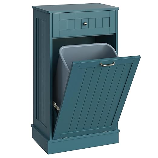 Tilt Out Trash Bin Cabinet Dog Proof Trash Can Holder Kitchen Island Without Garbage Bin or Tilt Out Laundry Hamper (Teal-Blue)