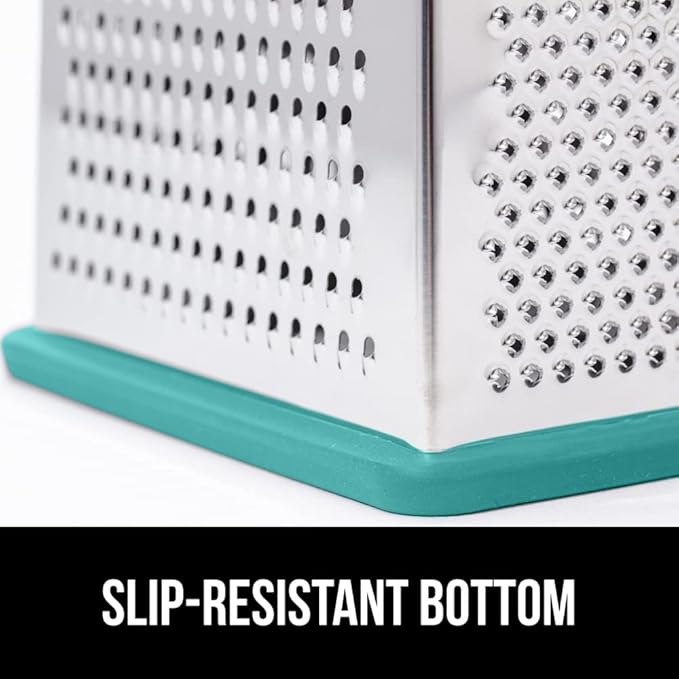 GORILLA GRIP 4-Sided 100% BPA-Free Cheese Grater With Container, Stainless Steel Box Graters, Parmesan Shredder, Grate Cheeses, Shred Veggies, Slip Resistant Handle, Dishwasher Safe Zester, Turquoise