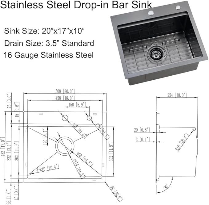 20 x 17 Inch Black Drop in Kitchen Bar Sink Workstation 16 Gauge Stainless Steel Small RV Kitchen Sink Outdoor Top Mount Single Bowl