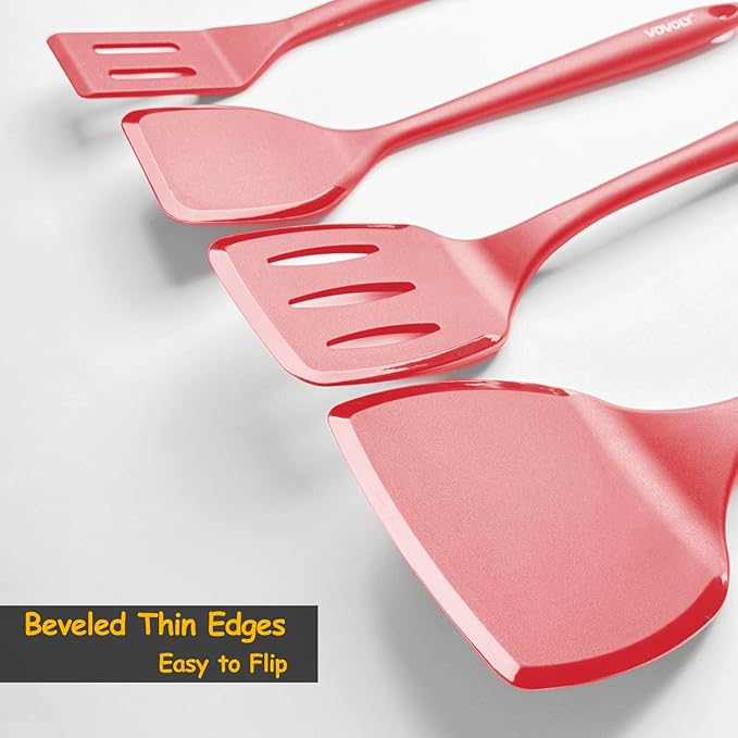 Silicone Spatula Set, 600°F Heat Resistant Silicone Spatula Turner Flipper for Cooking, Non Stick and Non Scratch Kitchen Utensils for Eggs & Pancakes, 4 Pack, Red