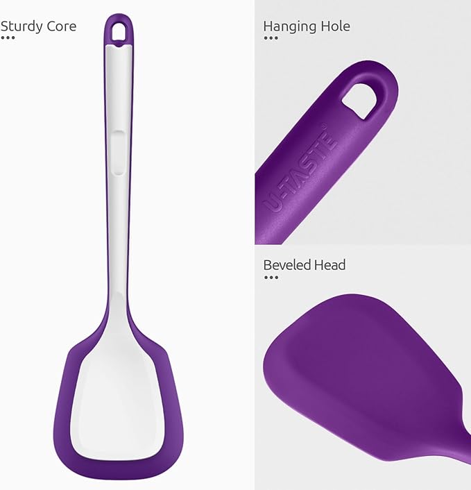 600ºF Heat Resistant Silicone Turners: U-Taste 13.6in Long Solid & Slotted Kitchen Spatula Flipper, Large Flexible Cooking Utensil for Flipping Egg, Pancake in Nonstick Cookware(Purple, 2PCS)