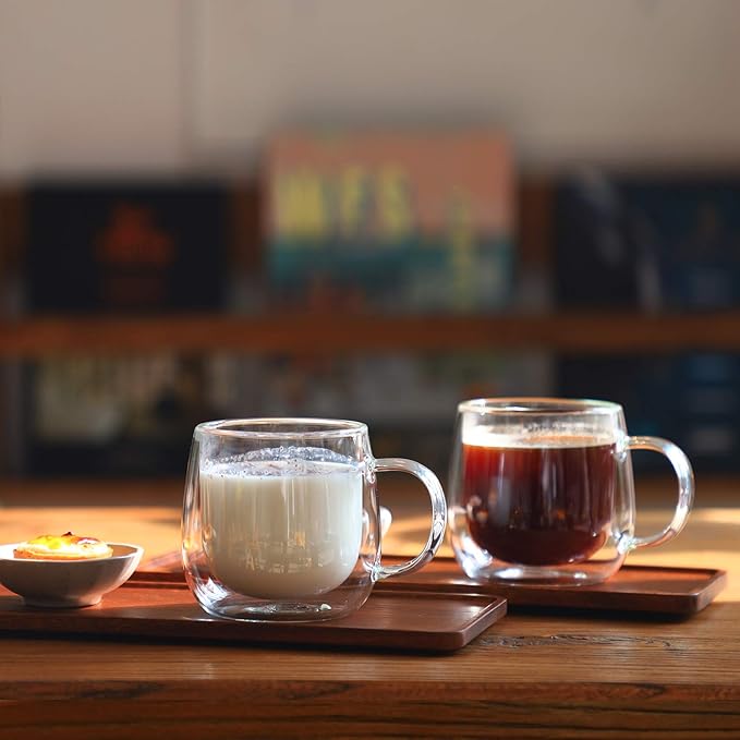 CNGLASS 10oz Double Walled Glass Coffee Mugs(2-pack),Clear Coffee Cups with Handle,Glass Espresso Mugs for Latte,Cappuccino,Tea