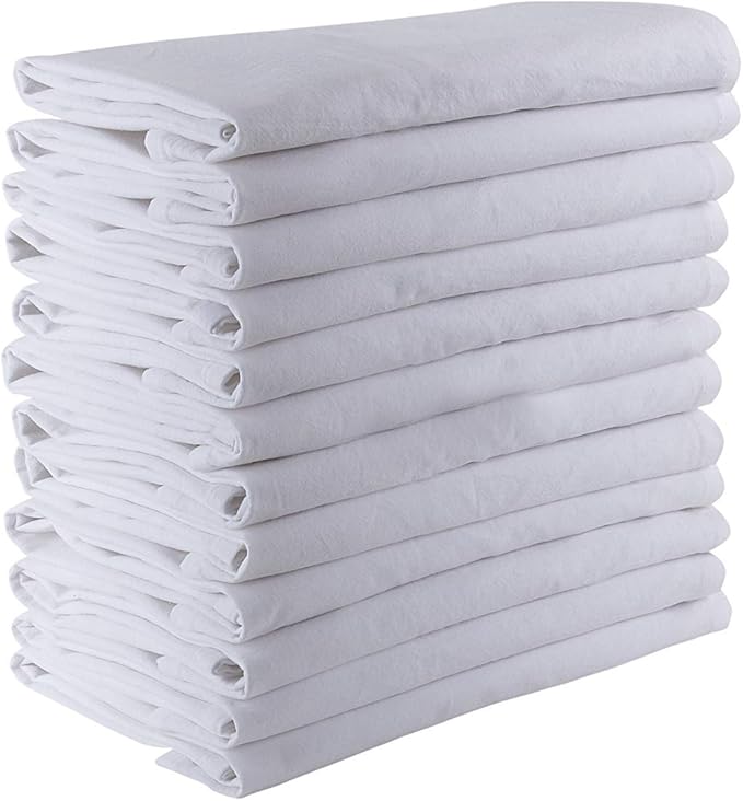 DG Collections 100% Cotton Flour Sack Towels – 12 Pack, 27x27 Inches, White, Lint-Free, Pre-Washed, Hemmed Edges – Reusable Kitchen Towels for Cleaning, Embroidery, Printing & Crafts - White