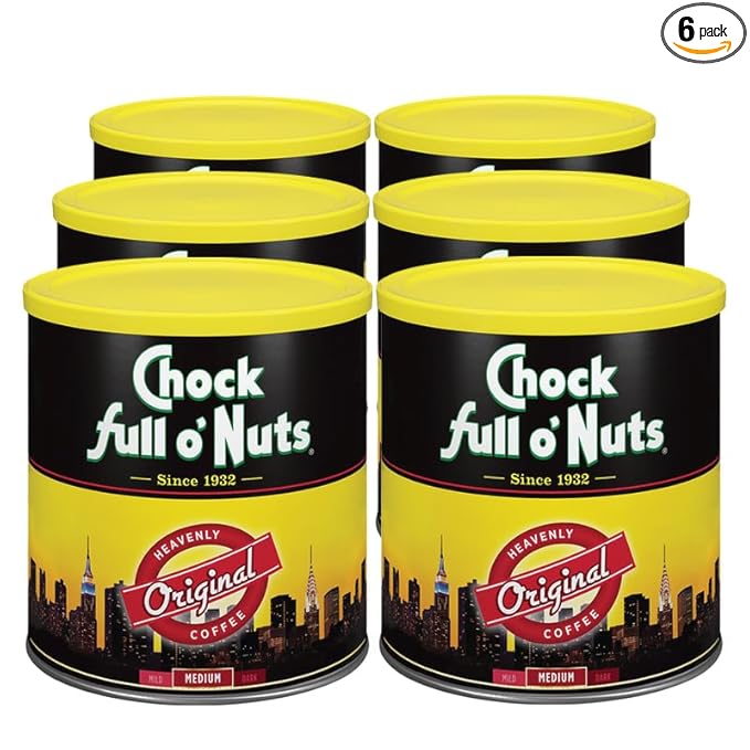 Chock full o’Nuts Heavenly Original Ground Coffee – Premium Beans in Recyclable Steel Can – Rich Flavor & Aroma, Medium Roast – Perfect for Drip, Pour-Over, Percolator – 30.5 Oz Can, Pack of 6