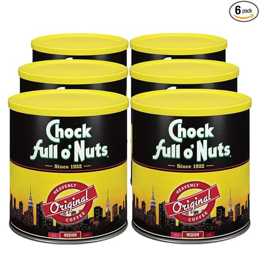 Chock full o’Nuts Heavenly Original Ground Coffee – Premium Beans in Recyclable Steel Can – Rich Flavor & Aroma, Medium Roast – Perfect for Drip, Pour-Over, Percolator – 30.5 Oz Can, Pack of 6