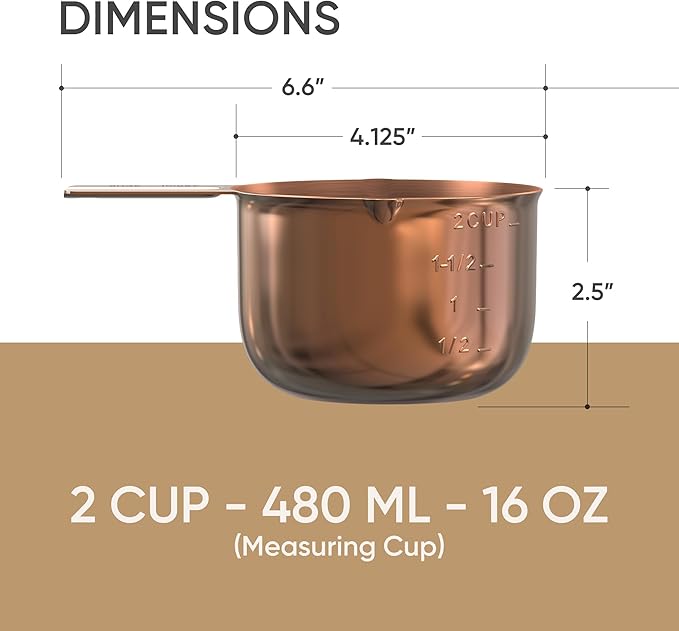 Color Up 2 Cup Measuring Cup, 480ml Copper Stainless Steel Metal Measuring Scoop, Easy-Pour Spouts, Engraved Markings, for Dry & Liquid Ingredients