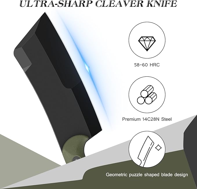 5.5 Inch Butcher Knife, 2-in-1 Chef & Meat Cleaver Knife with Sheath, Multipurpose Full Tang G10 Handle Kitchen Knives for Bone Chopping, 14C28N High Carbon Stainless Steel for Home and Outdoor