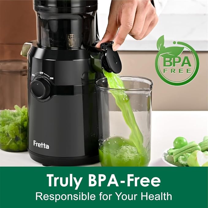 Cold Press Juicer Machines,Fretta Slow Masticating Juicer Machines with 4.25" Large Feed Chute,Fit Whole Fruits & Vegetables Easy Clean Self Feeding,High Juice Yield,Tritan BPA-Free,Onyx Black