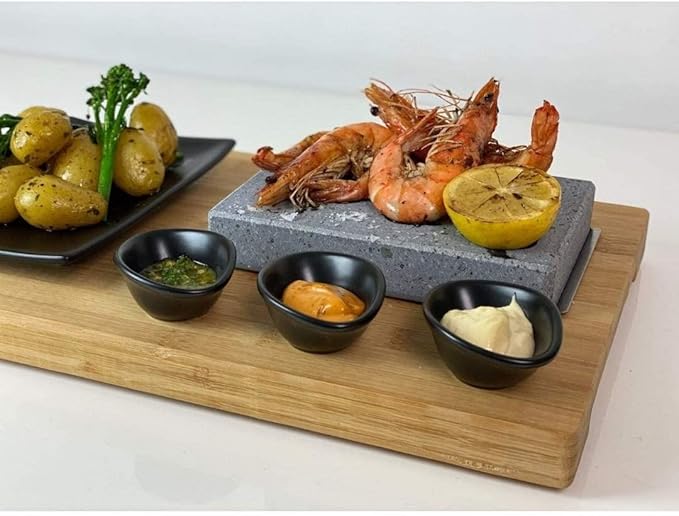 Black Rock Grill Steak, Hot Stone Grill - Sizzling Hot Rock, Indoor Grill, Cooking Stone with Matt Black Ramekins and Side Plate (One Standard Set)