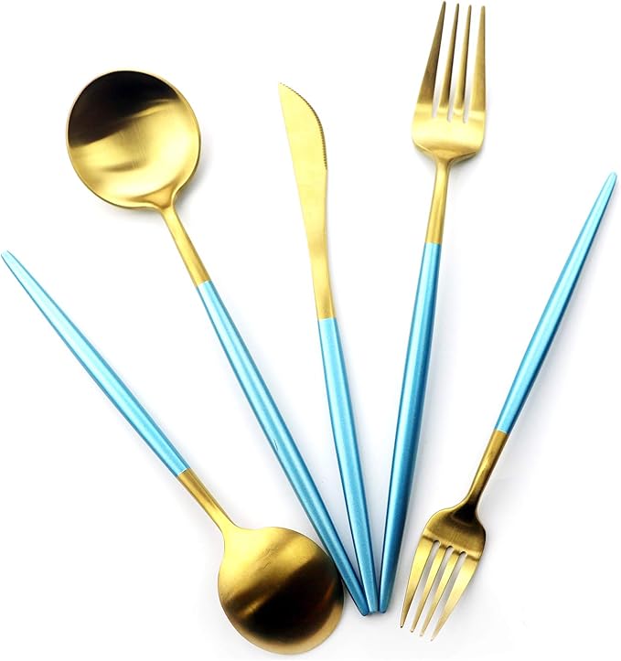 Gugrida 5 Pieces Matte Gold Blue Handle 1810 Stainless Steel Silverware Set