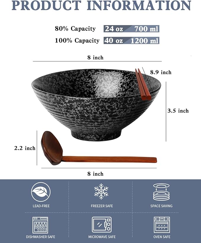 Kanwone Ceramic Japanese Ramen Bowl Set, Noodle Soup Bowls - 37 Ounce, with Matching Spoons and Chopsticks for Udon Soba Pho Asian Noodles, Set of 2, Black