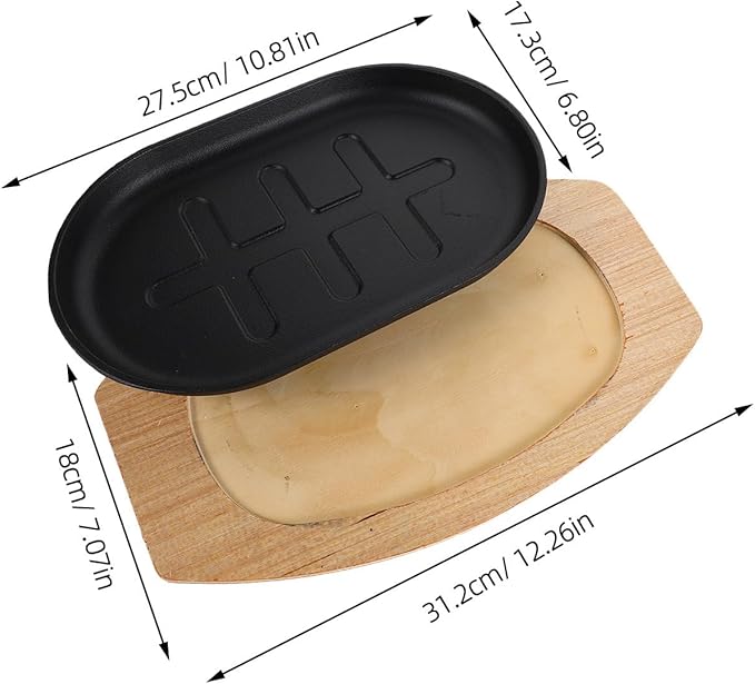 Cast Iron Flat Skillet Set: Pre-Seasoned Steak Plate with Wooden Base - Sizzling Fajita Grills Pan - Nonstick Cooking Pan for Restaurant Catering BBQ Outdoor Campfire