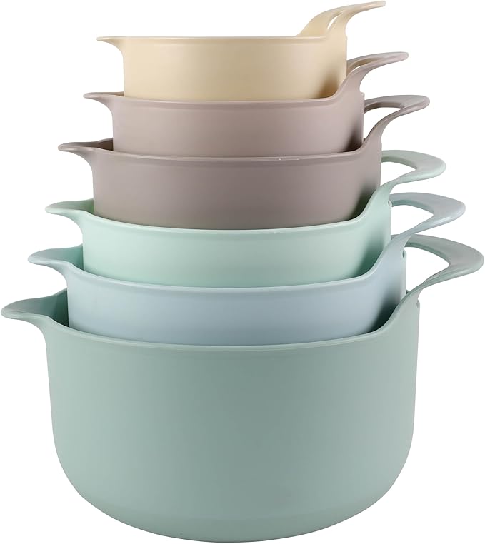 COOK WITH COLOR Nesting Plastic Mixing Bowl Set with Pour Spouts and Handles, Mint, 6 Piece Non-Slip