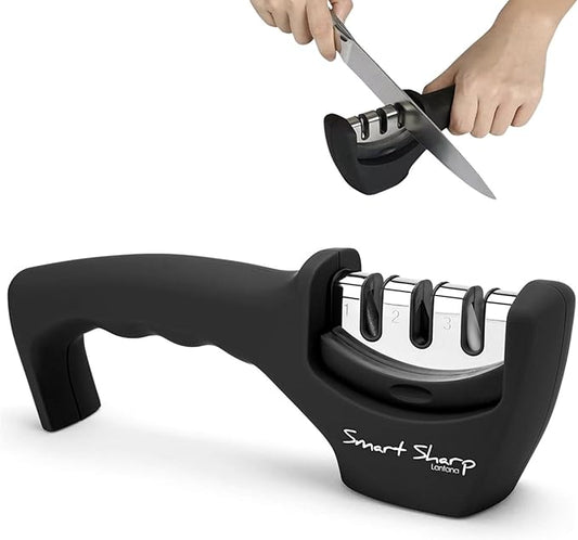 Lantana Knife Sharpener 'Smart Sharp' - Professional 3 Stage Manual Sharpener for Sharpening Kitchen Knives - Ceramic Stone, Tungsten Carbide Plates, Diamond rods. Ergonomic Design, Black/Chrome