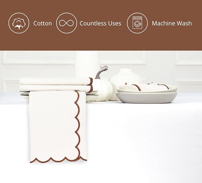 PurpleEssences Scalloped Embroidery Cloth Napkins Christmas Holiday Winter Table Decor 100% Cotton Set of 4-18 x 18 inch - Beige - Edges - Brown