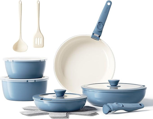 Redchef 16pcs Ceramic Nonstick Pots and Pans Set, Kitchen Cookware Set with Removable Handle, Non Toxic Cookware Set, PFAS PFOA & PTFE Free, RV Ceramic Cookware for Camping, Dishwasher/Oven Safe