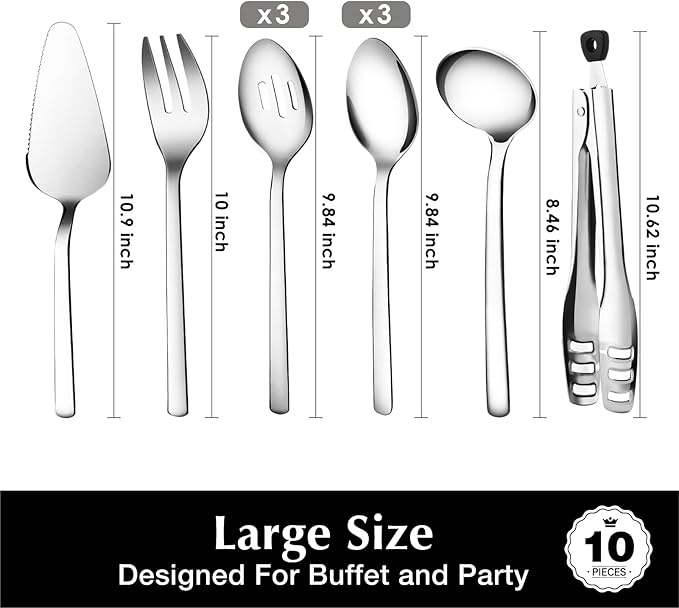 KINGSTONE Large Hostess Serving Utensils Set, Heavy Duty 18/10 Stainless Steel - 10 inch Serving Spoons, Slotted Spoons, Forks, Tongs, Cake Pie Server for Buffet, Wedding, Party