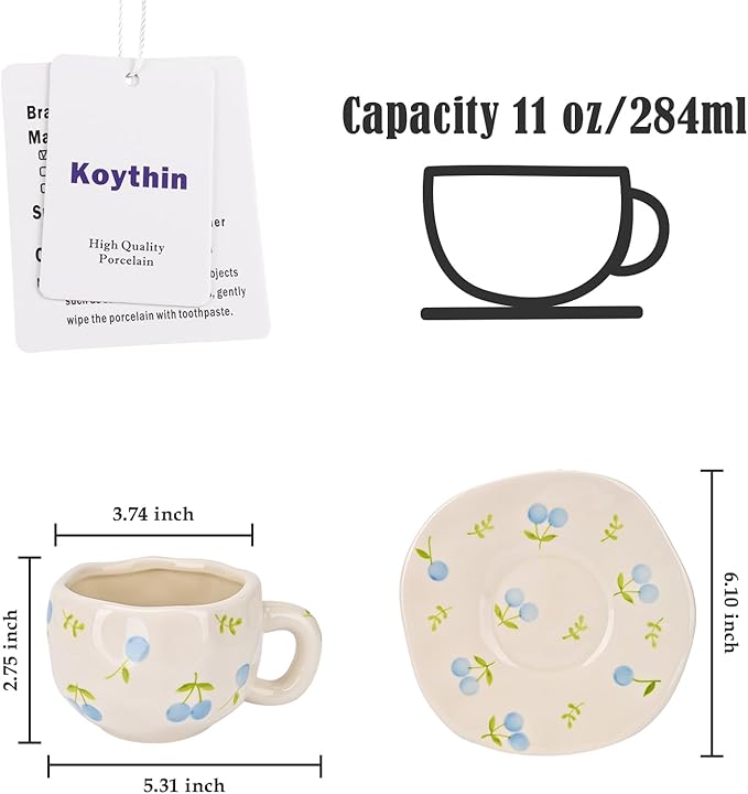 Koythin Ceramic Coffee Mug with Saucer Set, Cute Creative Fresh Fruit Cup Unique Irregular Design for Office and Home, 10 oz/300 ml for Latte Tea Milk