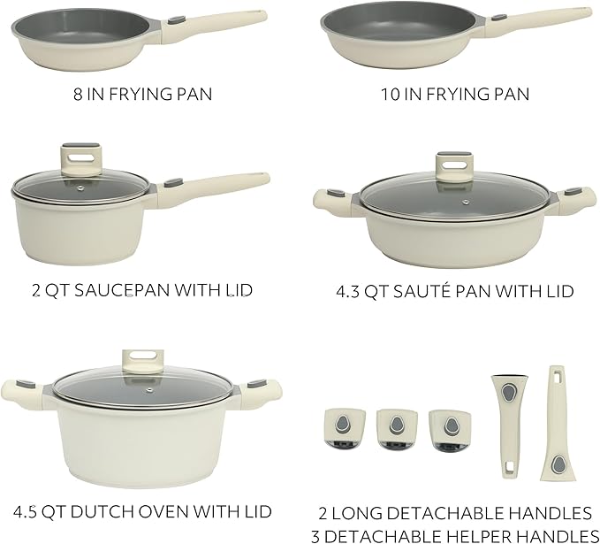 Sur La Table Kitchen Essentials 13 Piece Detachable Handle Pots and Pans Premium PFA Free Premium Ceramic Non Stick Induction Safe and Secure Removable Handle Cookware Set - Eggshell White