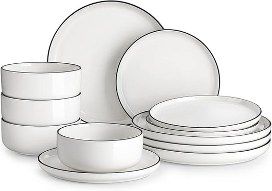 MALACASA Plates and Bowls Sets, 12 Pieces Modern Porcelain Dinnerware Set for 4 White Kitchen Dinner Dining Ware Set wtih Black Rim Ceramic Dishware Dishes Microwave and Dishwasher Safe, Series LUNA