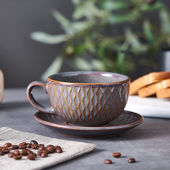 Vintage Design 12 oz Ceramic Latte Art Cappuccino Barista Cup with Saucer (Embossed Grey)