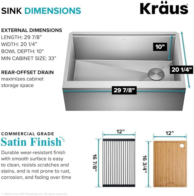 Kraus Kore 30-Inch Farmhouse Workstation with In Sink Dish Drying Rack, Stainless Steel Kitchen Sink, KWF410-30