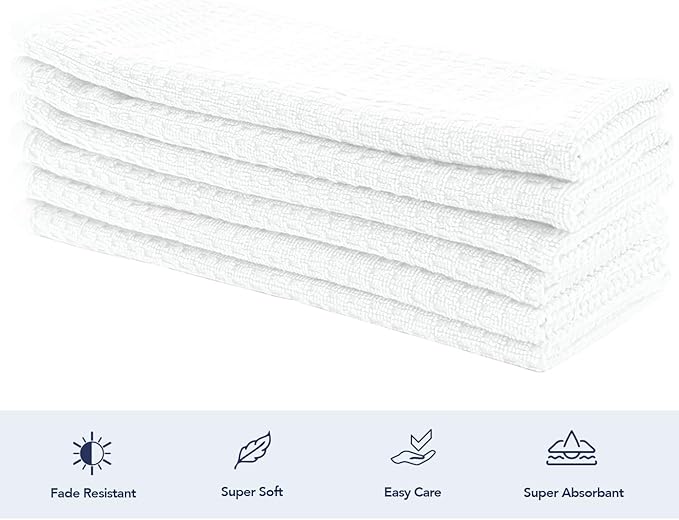 CRAFTSWORTH Kitchen Towels, 15 x 26 Inches, Pack of 6, 400 GSM, 100% Ring Spun Cotton, Striped Solid White Cotton Dish Towels Super Soft and Absorbent, Tea Towel and Bar Towel
