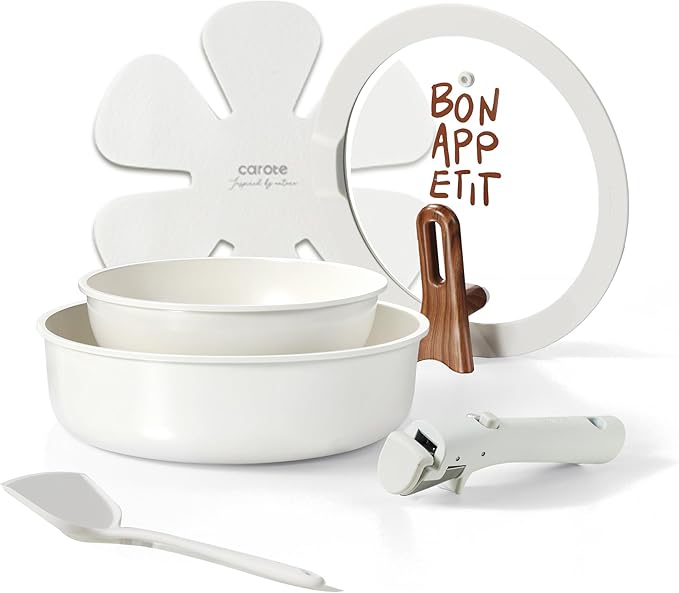 CAROTE Ceramic Pots and Pans Set Non Stick, Nonstick Kitchen Cookware Sets with Lid, Detachable Handle Sauté Pan Set, Non Toxic Frying Pan, Oven Safe, Induction Ready, Cream White