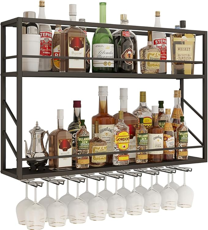 Wall Mounted Wine Rack, 2-Tier Wall Bar Shelves for Liquor Bottles, Metal Bottle Holder Wine for Wine Storage & Display for Home Bar & Dining Room (39.3×7.8×26in)