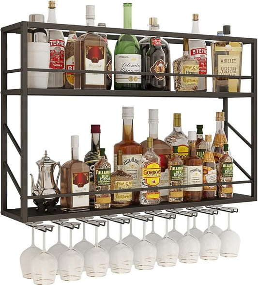 Wall Mounted Wine Rack, 2-Tier Wall Bar Shelves for Liquor Bottles, Metal Bottle Holder Wine for Wine Storage & Display for Home Bar & Dining Room (39.3×7.8×26in)