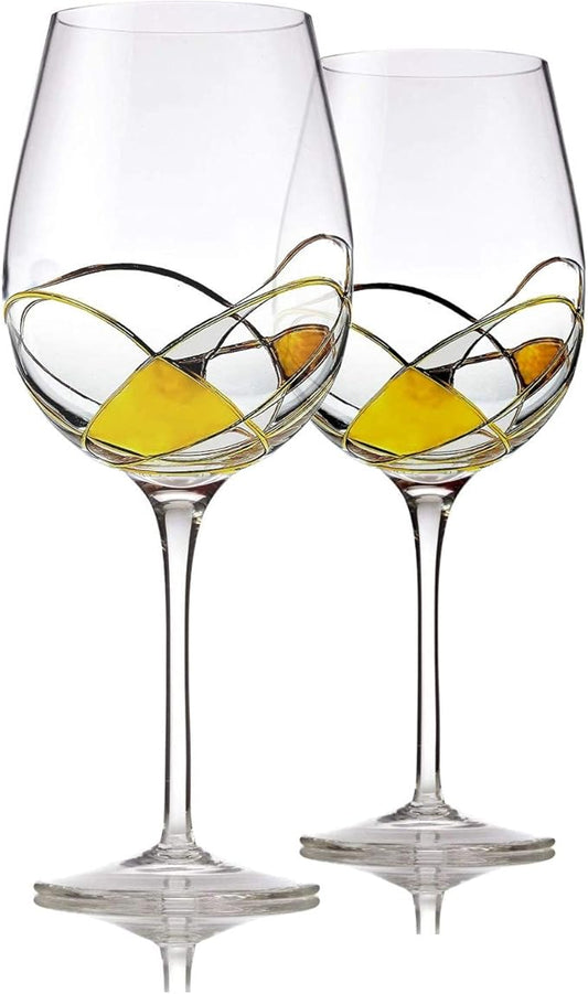 Bezrat Red Wine Glasses Set of 2, Hand Painted Wine Glass, Drinkware Essentials, 11" H, 28oz Wine Lover Large Glass, Glassware Gifts Ideas for Women Inspired by 'Duomo di Milano' Mothers Day (Gold)