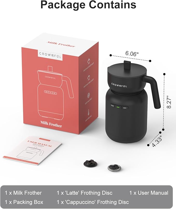 CROWNFUL Milk Frother, Electric 5-in-1 Milk Frother and Steamer with Temperature Control, Dishwasher Safe, Auto Shut-Off Frother for Coffee, Latte, Cappuccino, Macchiato, Dark Gray