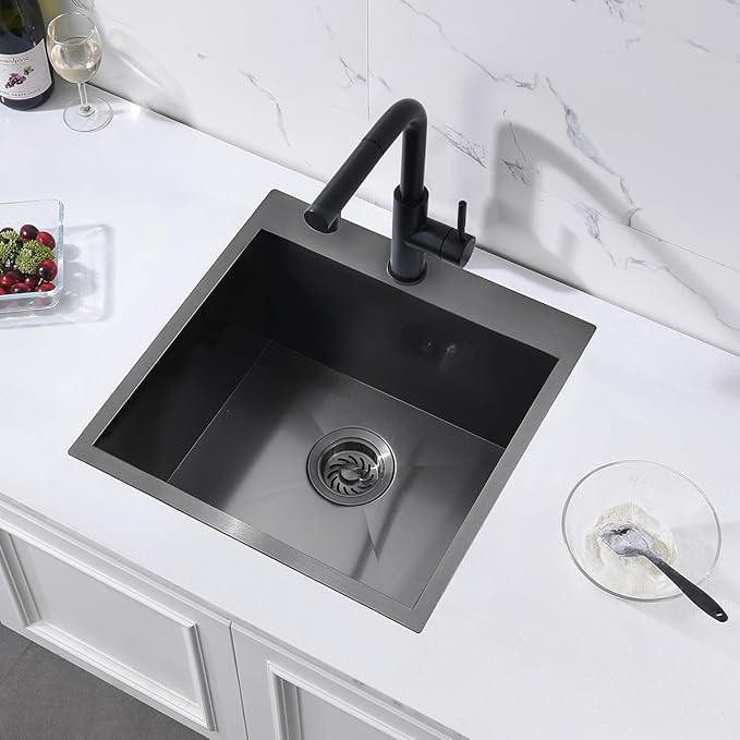 18 Black Drop In Kitchen Bar Sink, ZDHHT 18 x 18 x 10 Inches 16 Gauge T304 Black Stainless Steel Topmount Small Kitchen Sink Bar Prep Square Island Sink