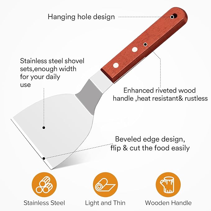 Metal Spatula Set for Cast Iron Skillet, Wide Griddle Stainless Steel Spatula Flipper Turner Utensil Set for Kitchen Use with Short Wood Handle Beveled Edge for Pancake, Egg, Burger, Omelet, 2 Pack