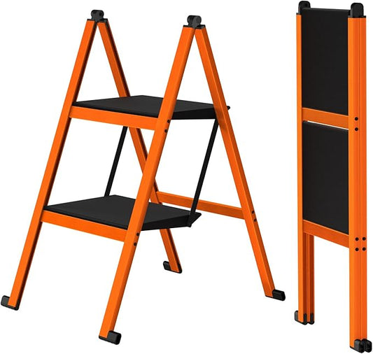2 Step Ladder,Aluminum Ultra Thin Folding Step Stool,400 Lbs Capacity Heavy Duty with Anti-Slip Sturdy and Wide Tread,Closet Slim Step for Home,Kitchen and Office,Space Saving (Orange, 2-Step)