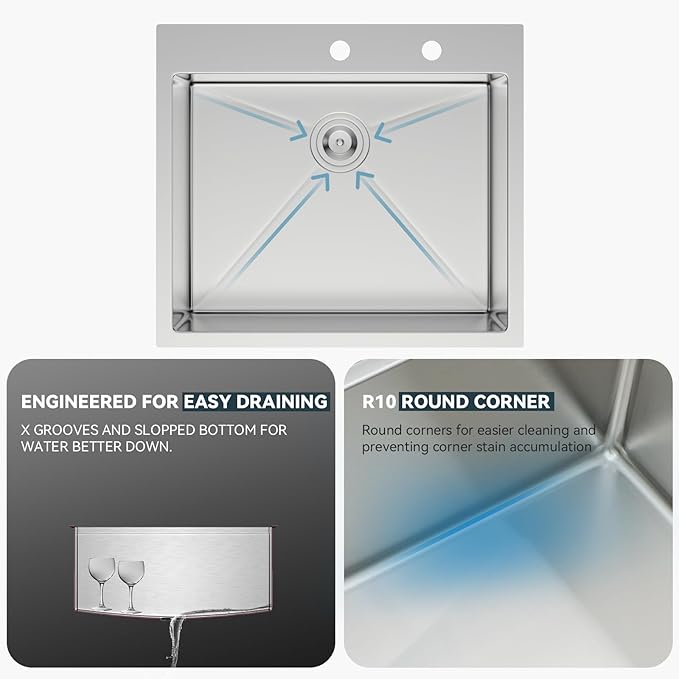 Lordear 25 Drop In Kitchen Sinks - 25 x 22 Single Bowl Stainless Steel 16 Gauge Topmount Over Counter Handmade Kitchen Laundry Room Utility Sink Basin