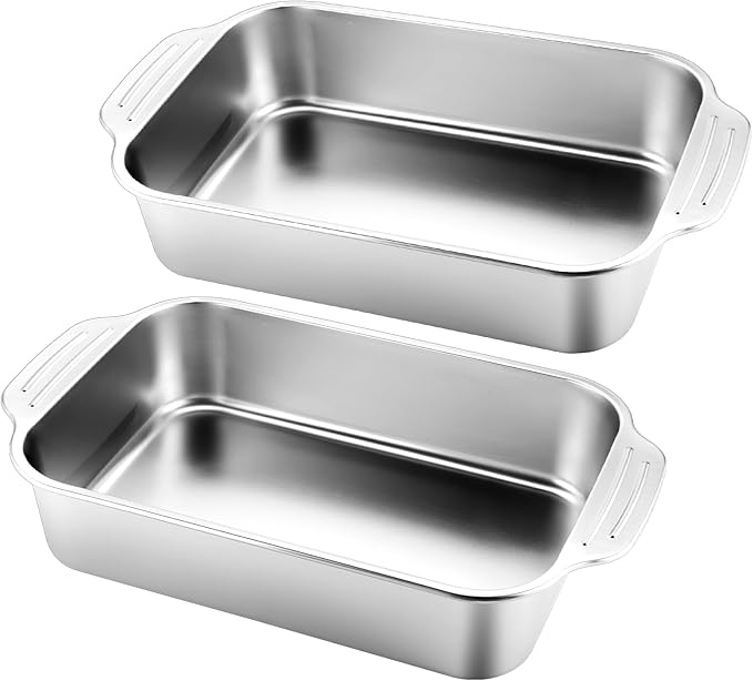 2 Pcs Stainless Steel Deep Baking Pans for Oven Rectangle Cake Pan Bakeware for Fish Cakes Breads Casseroles Vegetables Dishwasher Safe, 13 x 9 x 3. 35 Inch